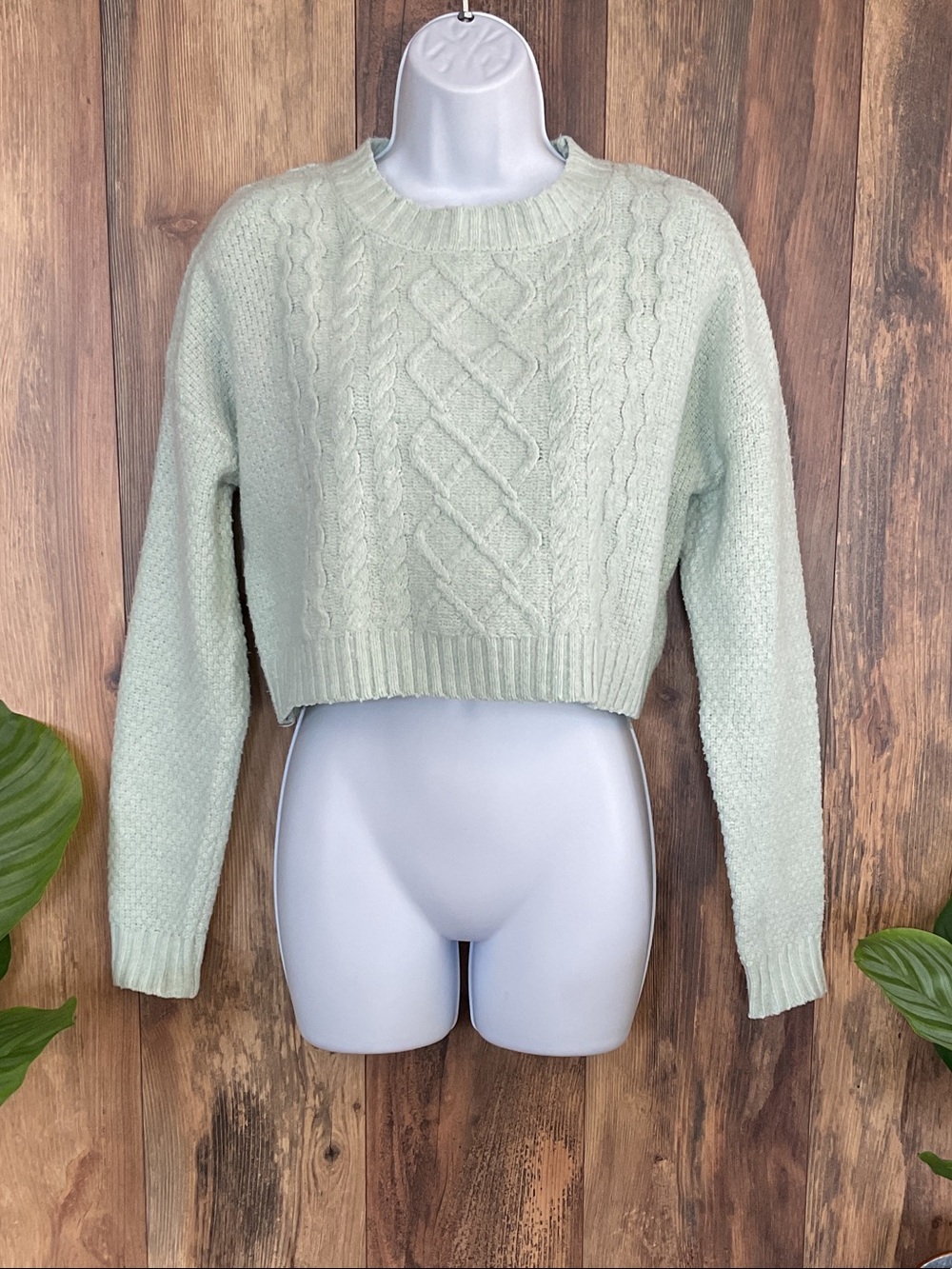 Altar'd State Pale Mint Cropped Cable Knit Crew Sweater XS       114B